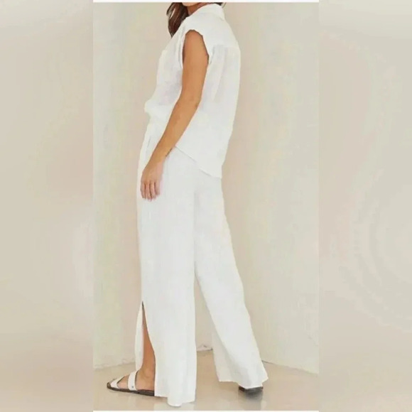 Boho Linen 1XL Lagenlook Coastal White Wide Leg Pockets Drawstring Slip-On New - Picture 2 of 6